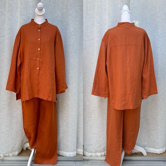 jaeger Tops - Jaeger Rust Colored Linen Shirt And Pants Set